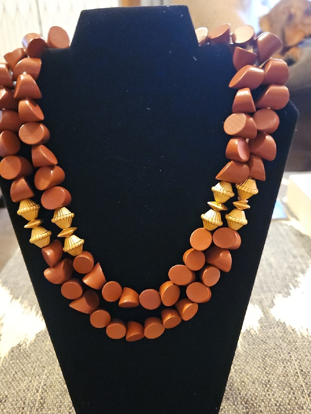 Brown Beaded Double-Strand Necklace with Gold Accents